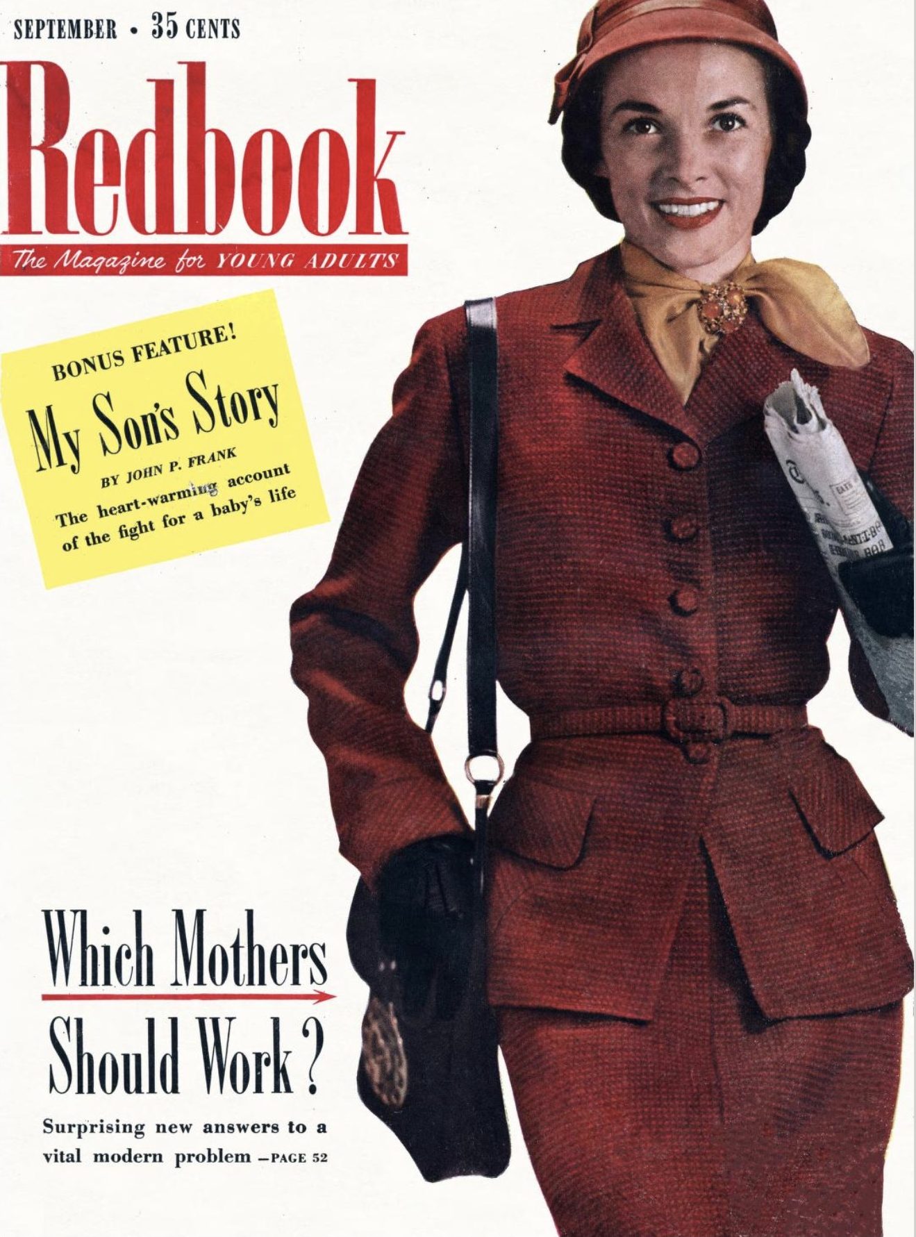 Vintage Redbook magazine cover featuring a stylish woman in a red suit, holding a newspaper and handbag, with bold typography and a yellow callout box highlighting a bonus feature.